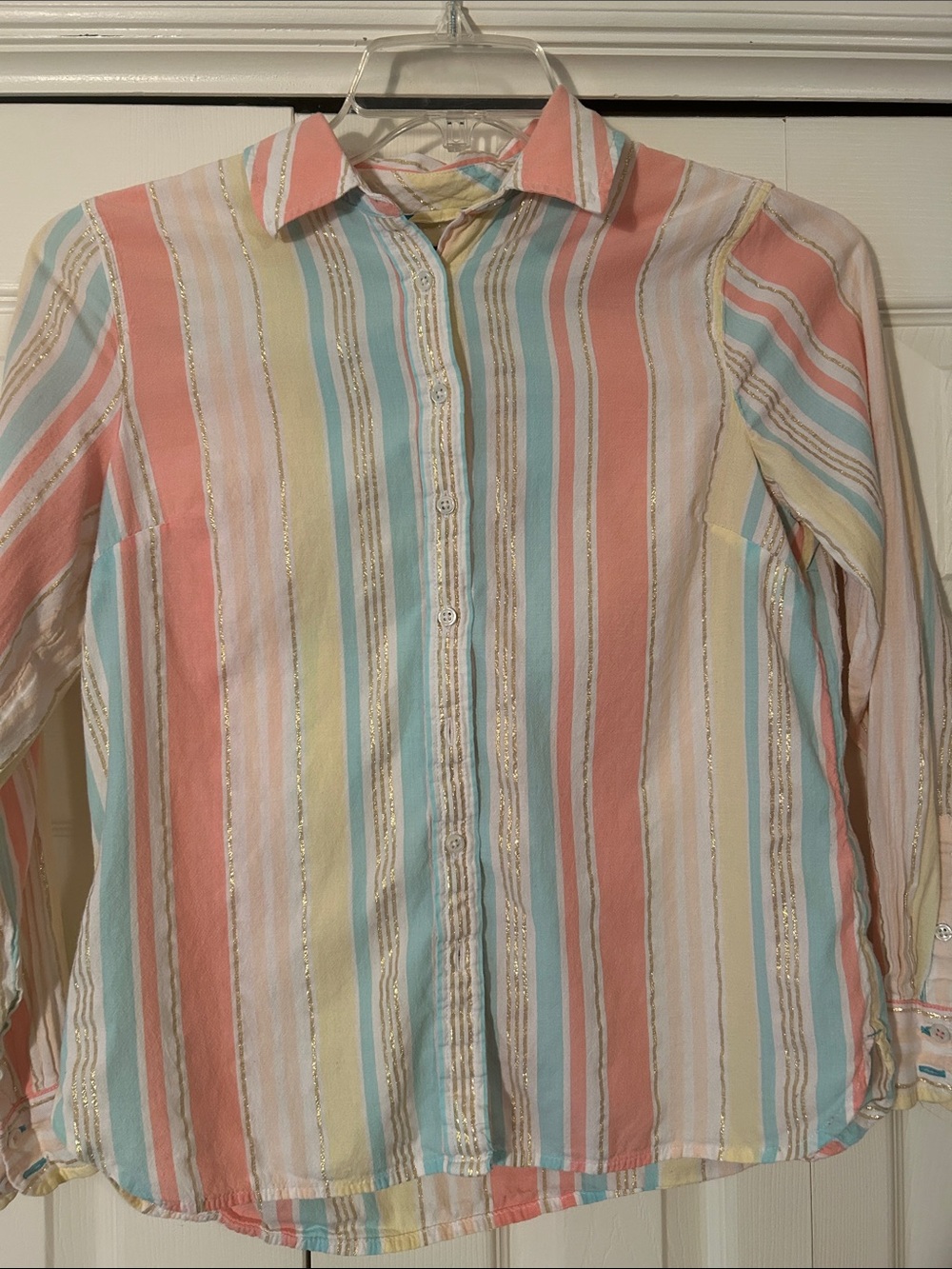 Talbots Petite size M Pastel Multi-Stripe Button-Down Shirt with Metallic Thread